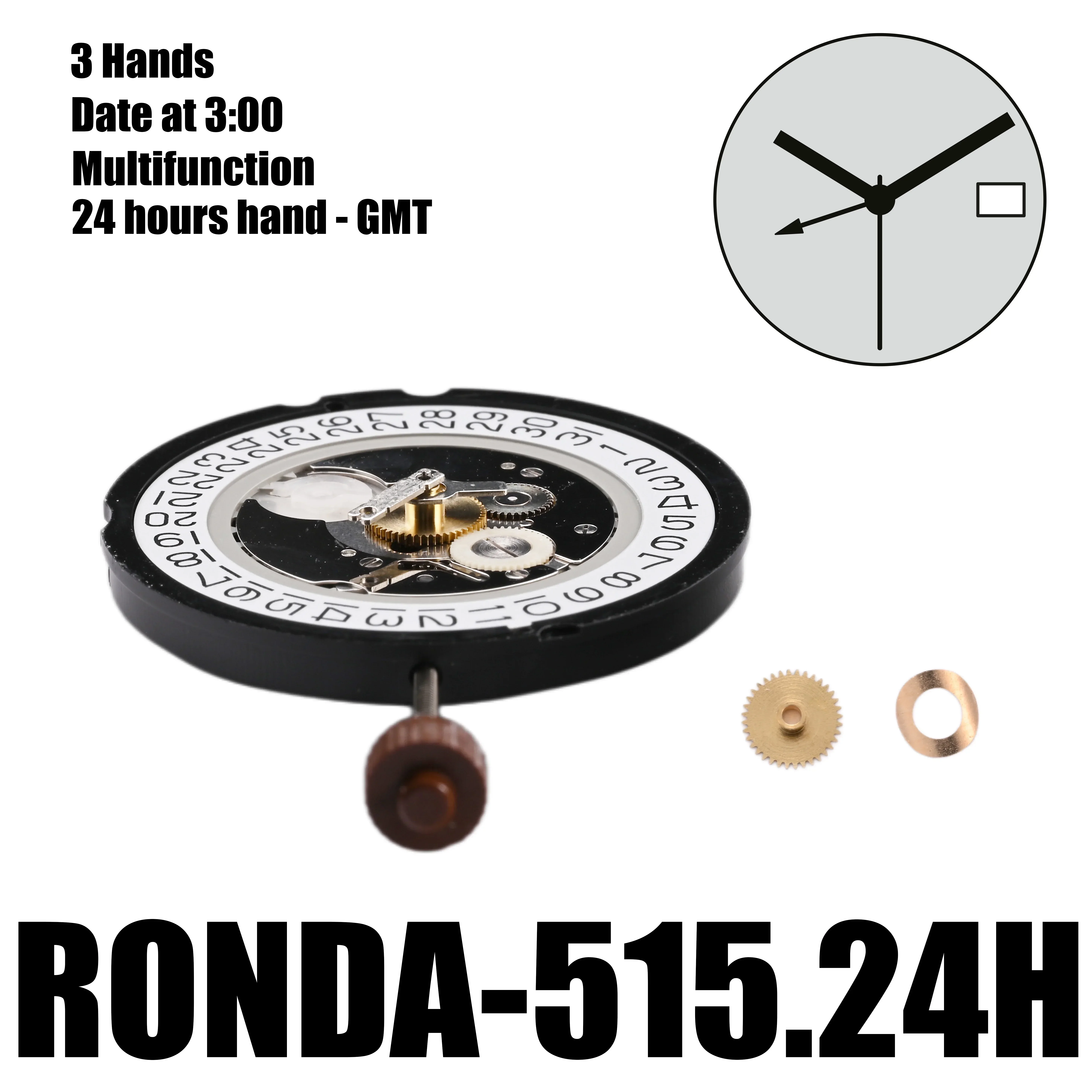 Кварцевые часы Ronda 515 24 H GMT часовой механизм 515H One Jewel функциональный Datewheel сменный