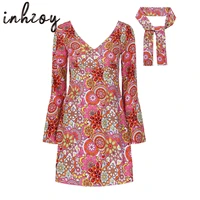women floral disco dresses hippie girl costume fashion flare sleeve 70s disco mini dresses with headband sexy party clubwear