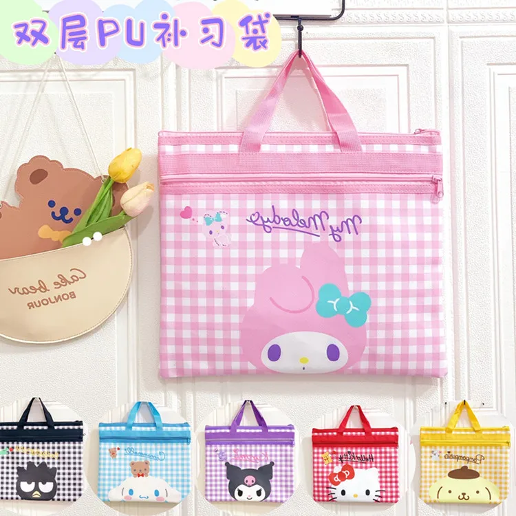 

Sanrio Kawaii Kuromi Hello Kitty Littletwinstars File Pocket New Cute Cartoon Double-Layer Zipper Student Bag A4 Handbag