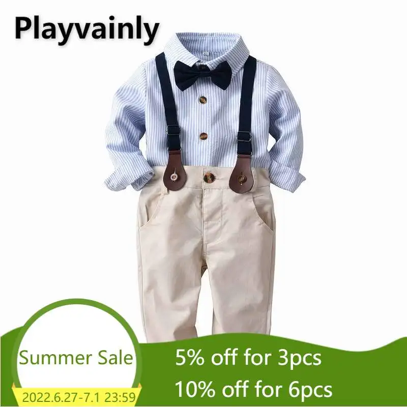 

Boy Suit 2021 New Baby Bow Tie+ Stripe Shirt+ overalls Fashion 3PCS Outfits Set Baby Clothes E19378