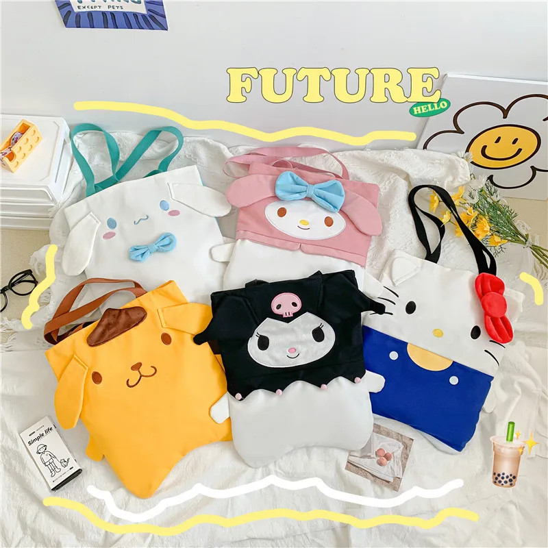 

Cartoon Sanrio Kuromi Cinnamoroll Mymelody Kitten Canvas Tote Bag Large Capacity Student Cute Shoulder Bag Children Gift Kid Toy