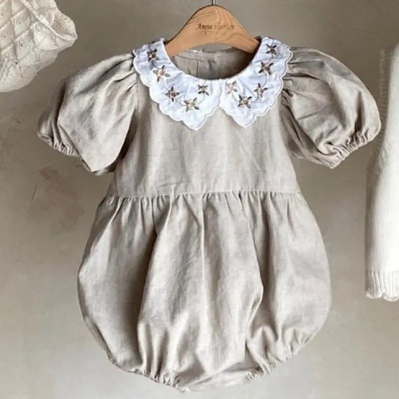 

Baby Flower Embroidery Puff Sleeves Bodysuit Solid Loose Summer New Cotton Outfits One Piece Girls Cute Princess Crawlwear