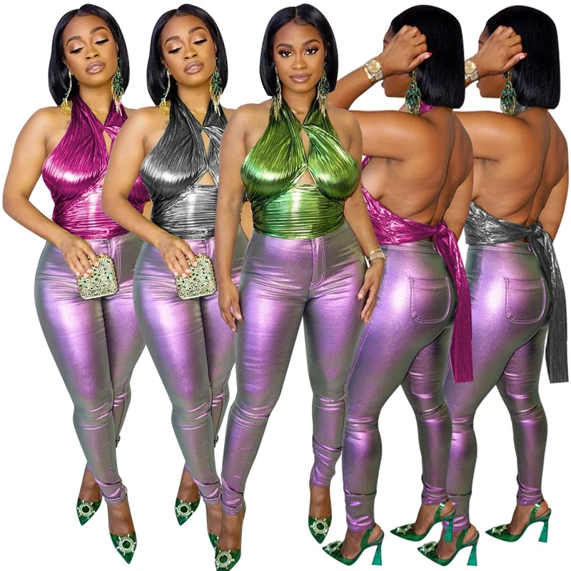 

Metallic Bright Faux Pu Leather Cropped Tops 2023 Summer Halter Neck Bandage Sexy Backless Sweatshirt Ruched Club Y2K Streetwear