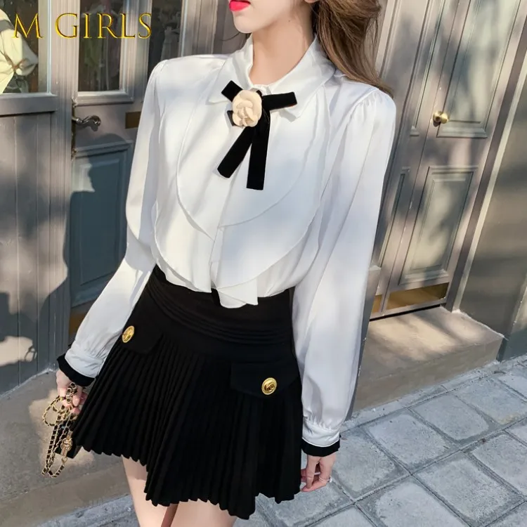 

M GIRLS Spring Fall Small fragrance style Suit Female Korean Fashion Camellia Bow Sweet Shirt + High waist Skirt 2 Piece Sets