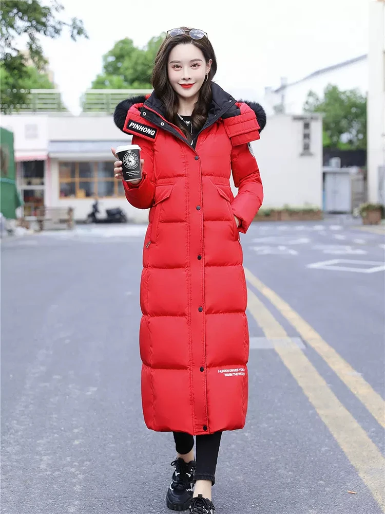 New Women Long Down Coat Winter Casual Fashion Two-Colour Detachable Real Fox Fur Collar Thicken Warm Belt Slim Down Jacket