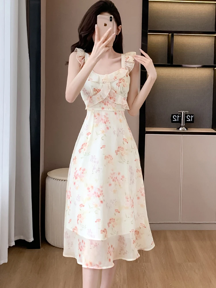 Женское шифоновое длинное платье с цветочным принтом и рюшами в пляжном стиле