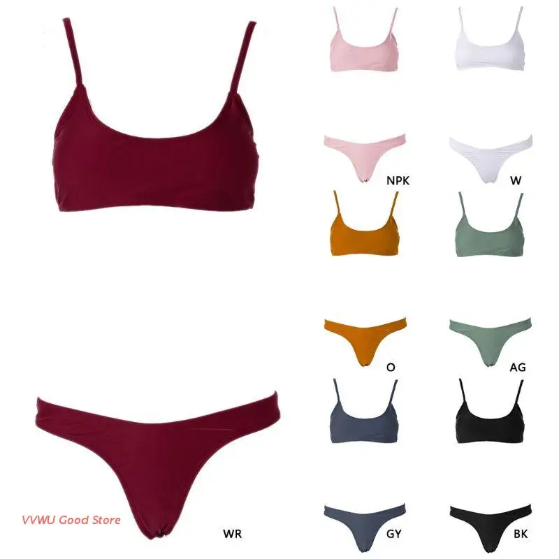 

Womens Solid Color Bikini Swimsuit Cheeky Low Rise Triangle G-String Swimwear