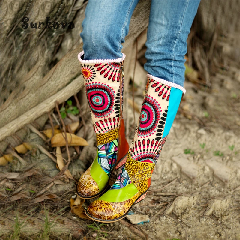 Retro Ethnic Style Women's Boots Gradient Lace Embroidery Prints Knee High Boots Round Toe Mid-Heeled Zip Punk Dress Party Shoes