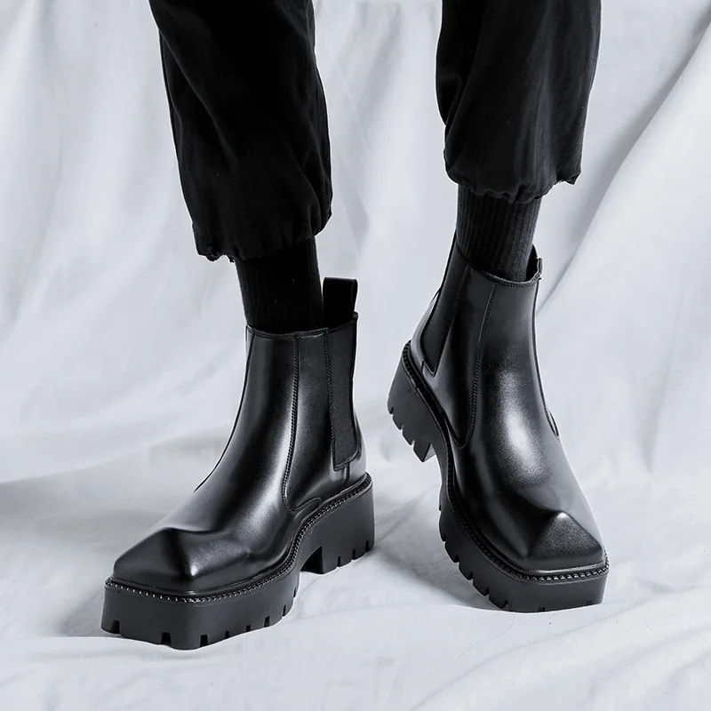 

Ботильоны мужские из спилка на платформе, повседневные ботинки челси, без застежки, обувь на среднем каблуке