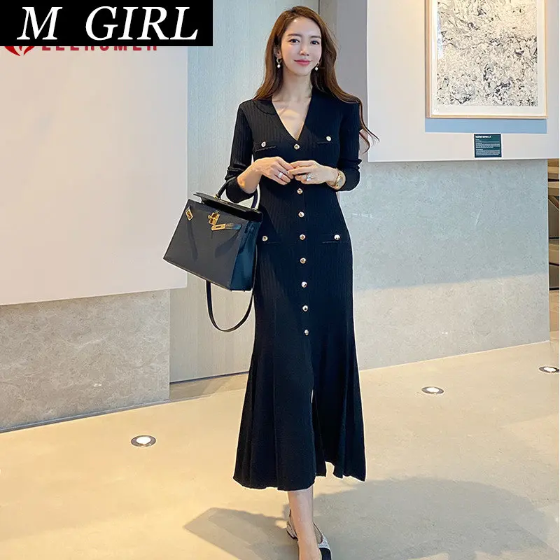 

Осеннее новое черное корейское пикантное длинное платье с V-образным вырезом, женское облегающее универсальное элегантное модное офисное платье с длинным рукавом и юбкой-годе