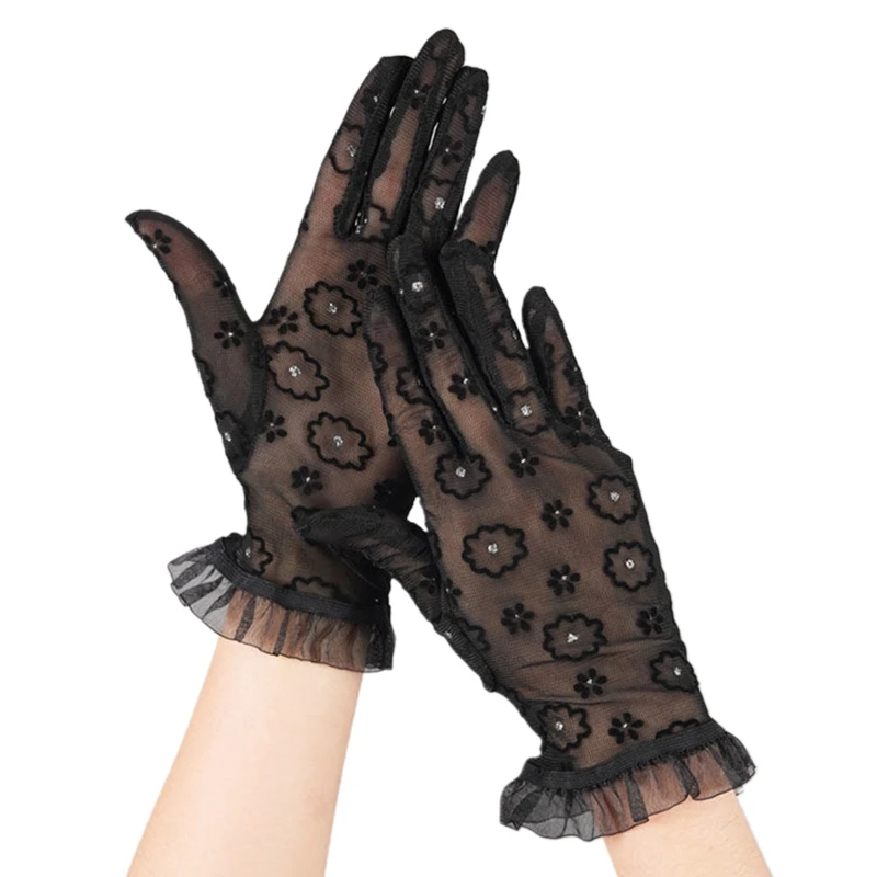 

28TF Ladies Lace Gloves with Rhinestone Lace Full Finger Sparkly Glove for Wedding