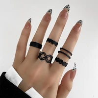 5pcset womens ring punk black rings vintage simple geometric chain rings set for women 2022 trend jewelry valentines day gift