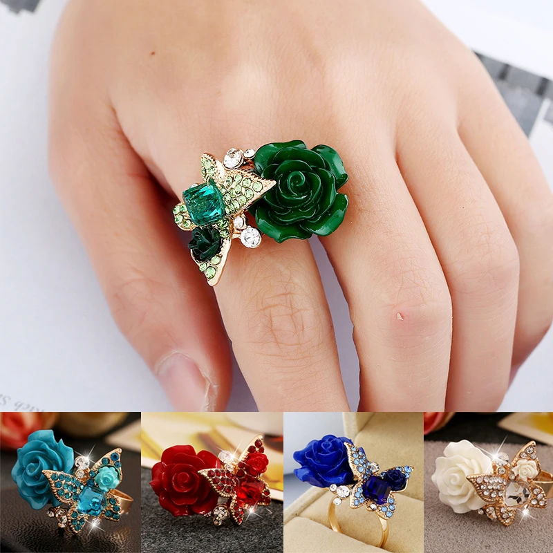 

Rose Flower butterfly Ring For Women Rhinestone Flowers Adjustable Finger Ring Valentine's Day Engagement Jewelry Gift