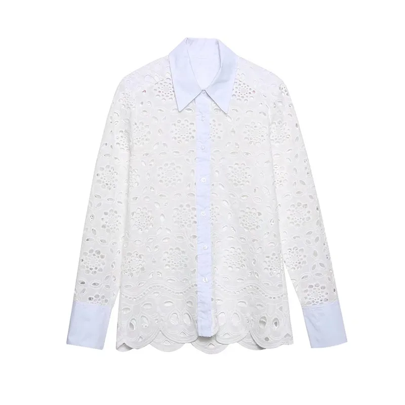 

White Hollow Embroidered Shirt Women Hollow Out White Shirts Women Embroidery Shirts Tops
