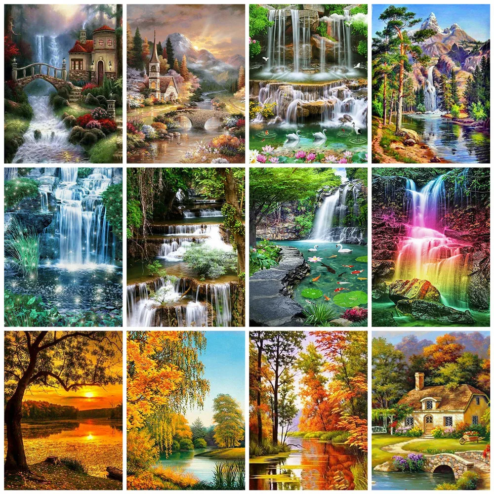 

Huacan Full Square/round Diamond Painting Embroidery Tree Landscape Diamond Mosaic Cross Stitch Waterfall Scenery Home Decor