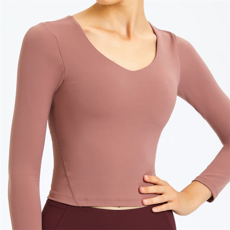 Nepoagym CAMPAIGN Long Sleeve Crop Women Sport Top Shirts with Built In Bra Buttery Soft V Neck Athletic Gym Shirts