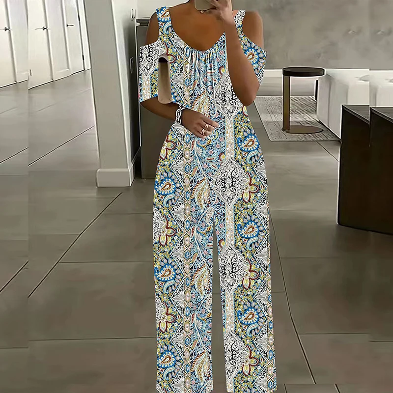 Офисные длинные комбинезоны с винтажным узором и v-образным вырезом сексуальные