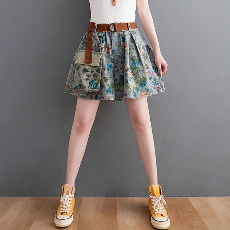 2021 Fashion Streetwear Floral Print Elastic Waist Loose Women Summer Casual Jeans Shorts Female Patchwork Pocket Denim Shorts