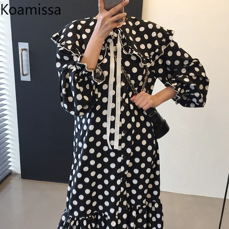 Koamissa Polka Dot Women Fashion Loose Maxi Dress Long Sleeves Lady Korean Fashion Straight Dresses Spring Autumn Vestidos 2022