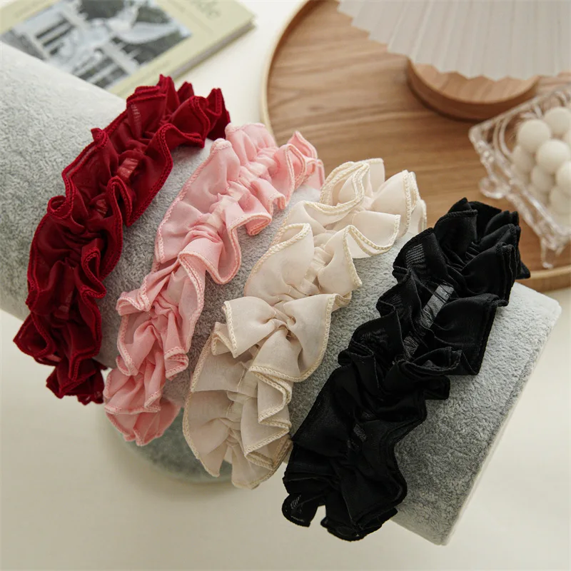 

New simple solid color pleated hair hoop headdress women's pressed hair mesh wide edge headband 2022 versatile headdress