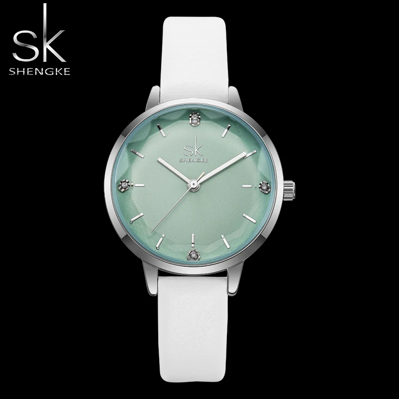 

Shengke Fashion Leather Strap Women's Watches Original Design Blue Dial Woman's Quartz Wristwatches Top Brand Sales Female Clock