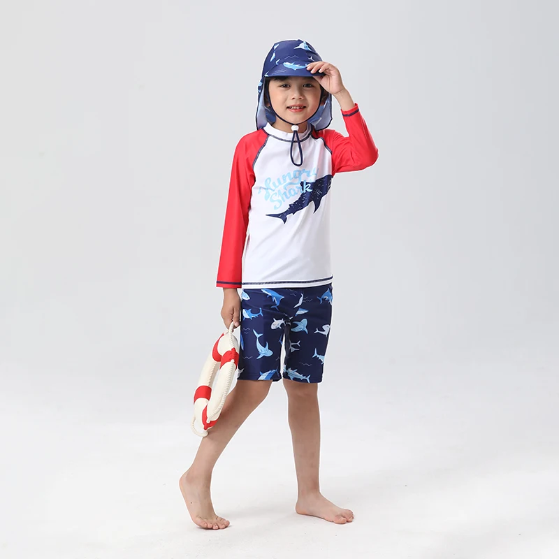 

2023 Brand New Long Sleeve Boy Split Swimsuit Cartoon 3 Pieces Set Kids Swimwear Bathing Cap Children Swimming T-shirt Shorts