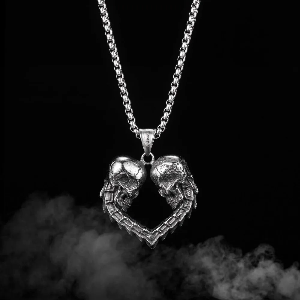 

New Fashion Titanium Steel Stainless Steel Double Skull Heart Necklace Sweater Chain Pendant For Women Men