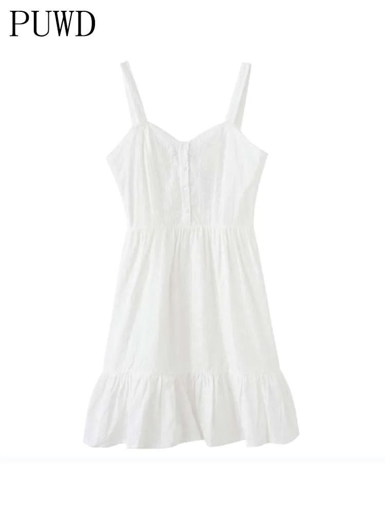

PUWD Elegant Women Vintage White Midi Dress 2022 Summer Fashion Ladies Soft Lace Sleeveless Dresses Cute Women Chic Dress