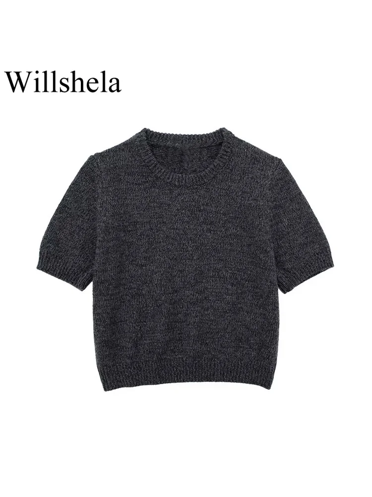 

Willshela Women Fashion Grey Knitted Sweater Vintage O-Neck Short Sleeves Female Chic Lady Tops