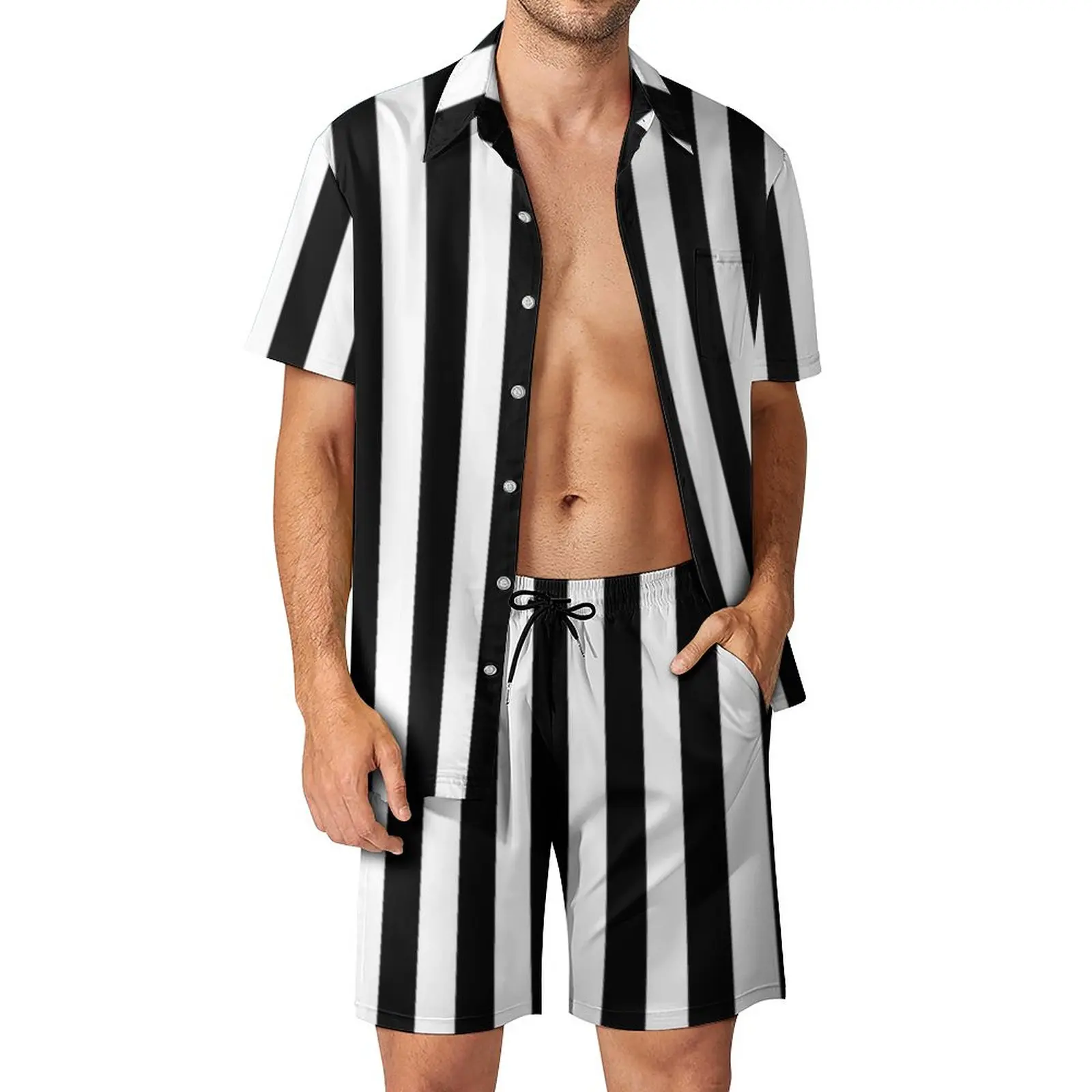 

Vintage Striped Print Beach Men Sets Black White Vertical Stripes Casual Shirt Set Summer Graphic Shorts 2 Piece Aesthetic Suit