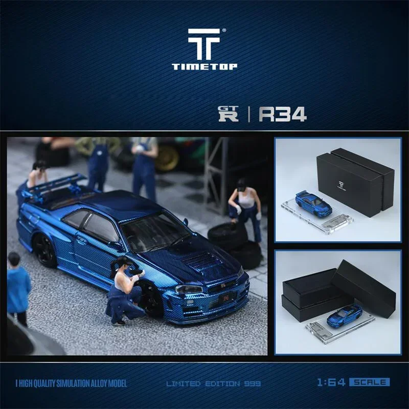 TimeTop 1:64 GTR34 Chrome Blue Carbon Limited999 Литая под давлением модель автомобиля