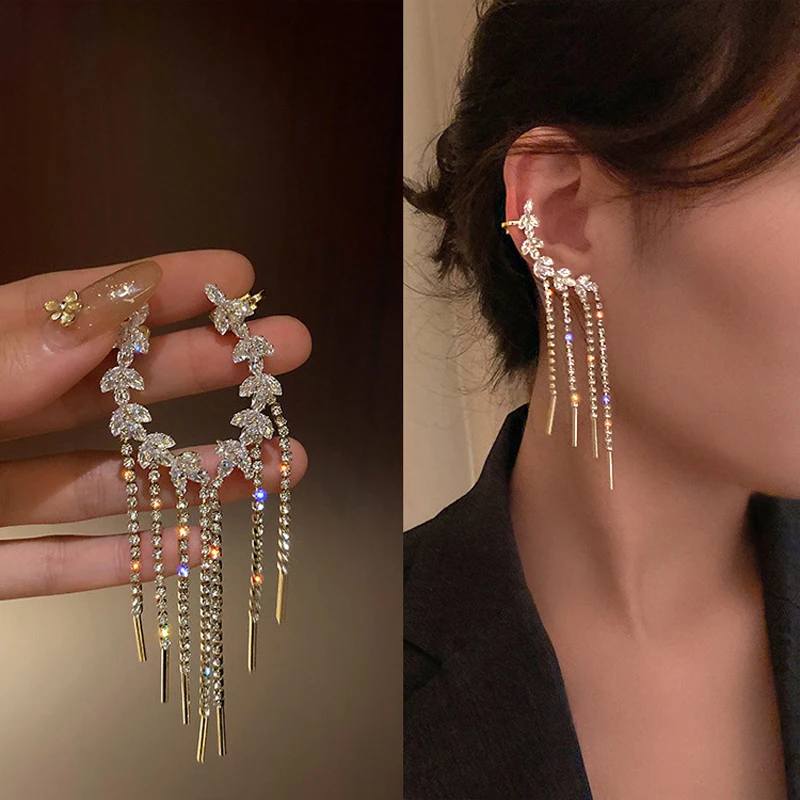 

Luxury Shining Zircon Rhinestone Long Tassel Ear Clip Ear Cuff Exquisite Vintage Clip Earrings Wedding Party Jewelry