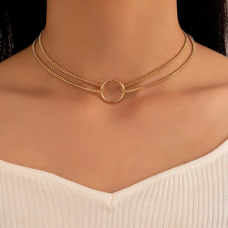 

New 2022 Ring Hollow Double Layer Necklace Geometric Ball Chain Clavicle Chain