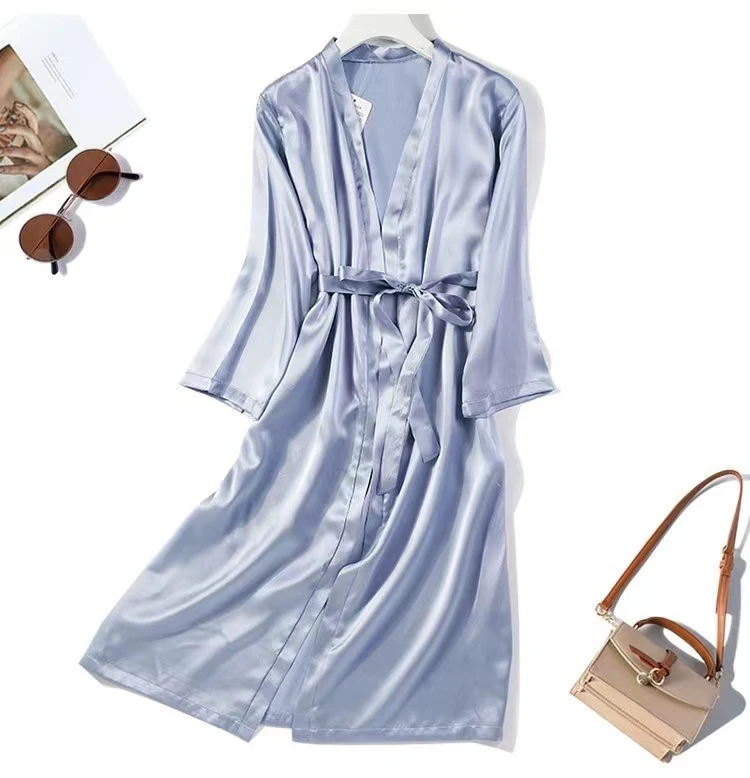 Black And White Mulberry Silk Silk Long Women's Pajamas Spring And Summer Bathrobe Five Sleeve Nightgown Silky Sexy Home Wear