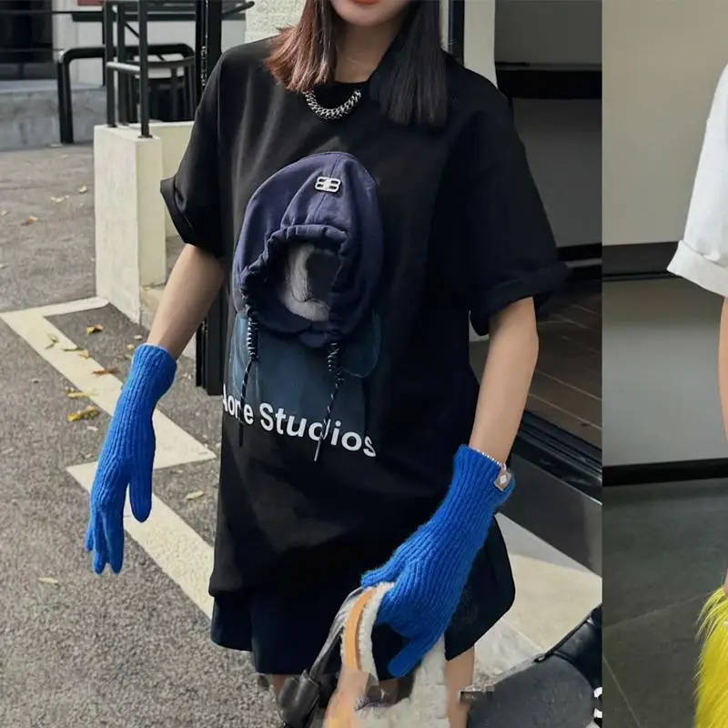 Нижняя рубашка средней длины с принтом шляпы топ 2024 зимняя свободная хлопковая