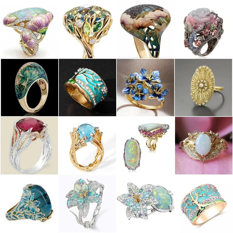 

New Fashion Floral Lotus Leaf Shape Ring Delicate Banquet Gold Plated Painted Pattern Jewelry