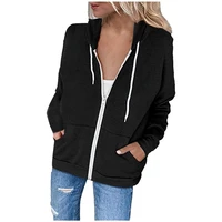 female solid color drawstring hooded jacket with pockets women zipper long sleeve autumn winter casual loose outwear sweatshirts