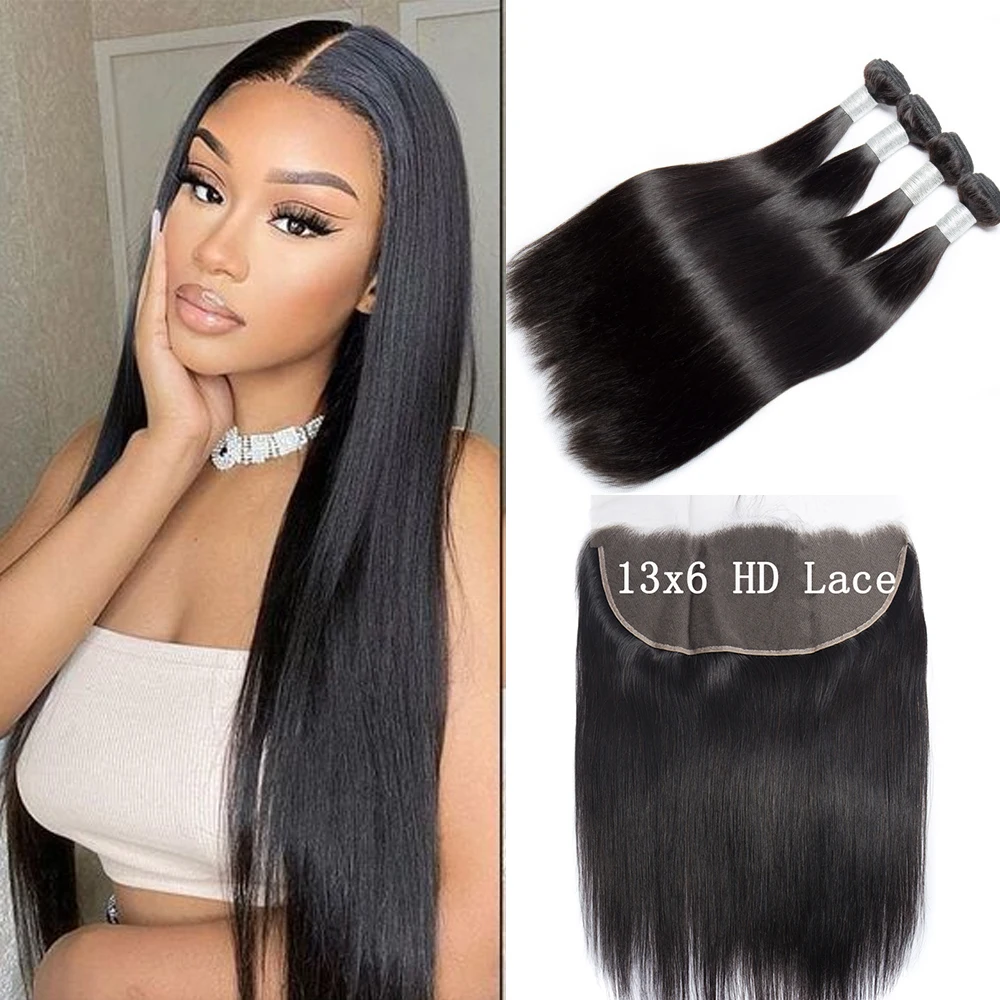 

Bone Straight Human Hair Bundles With Frontal 13x6 HD Transparent Lace 30Inch Brazilian Hair 3/4 Bundles With Closure Remy Hair