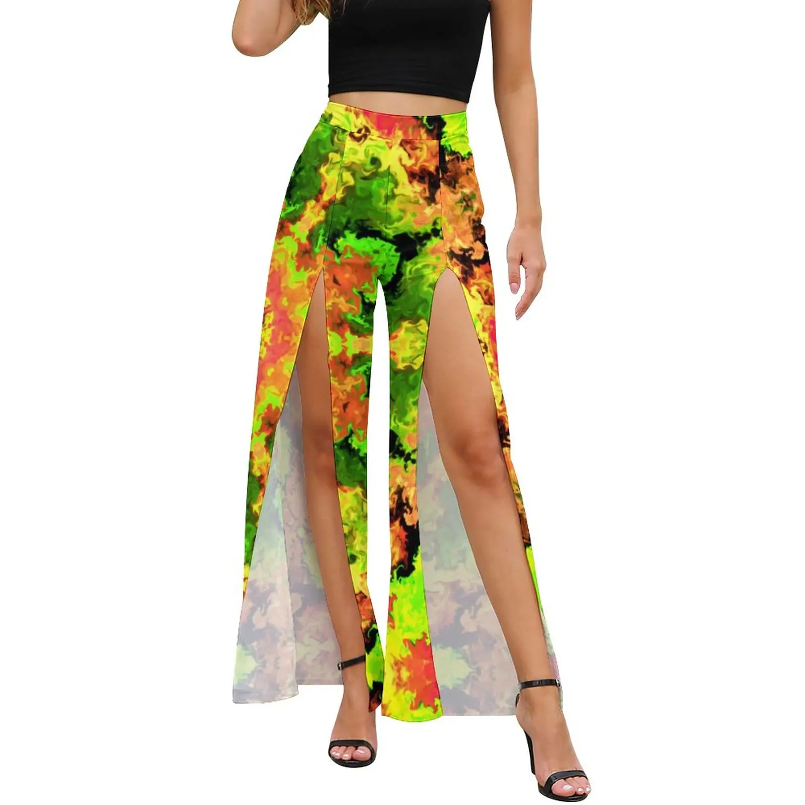 

Mandala Flower Print Pants Spring Psychedelic Hippie Sexy Wide Leg Pants Female High Slit Korean Fashion Print Trousers