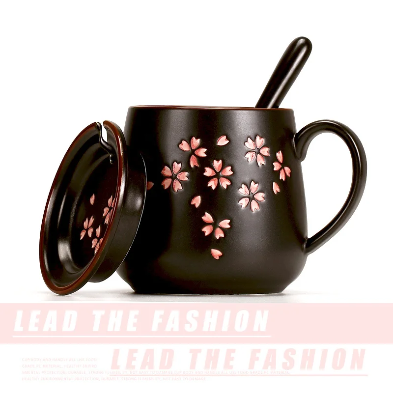 Taza de cerámica de flor de cerezo japonés con tapa, cuchara, flor, té, taza de café, taza de agua de oficina, taza de desayuno, taza de Latte, Vasos