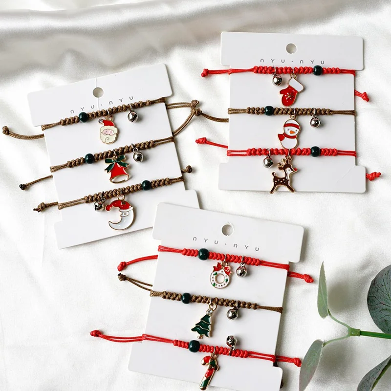 

Christmas Pendant Bracelet Santa Claus Elk Xmas Tree Alloy Braided Rope Bracelets Xmas Theme Gift Women Party Jewelry Decoration