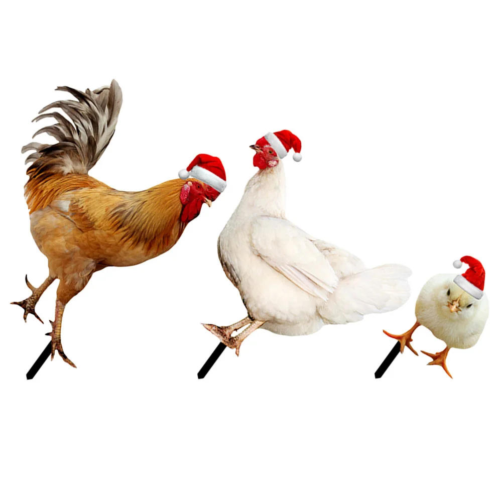 

3Pcs Rooster Stake Christmas Outdoor Patio Yard Adornment Chick Statue Christmas Hat Chicken Stakes