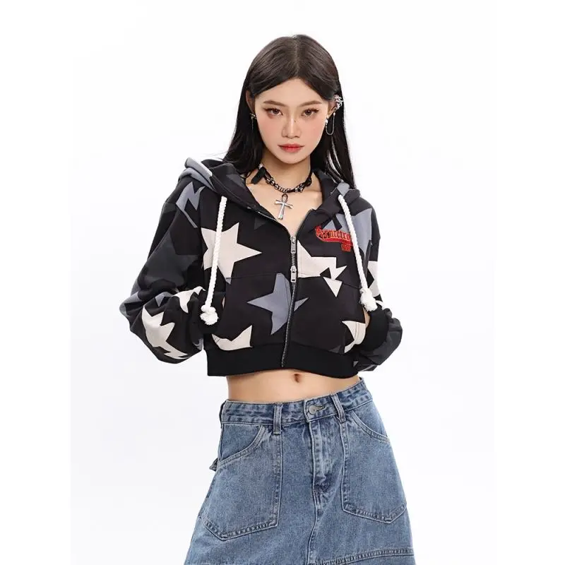 

Deeptown Women Cropped Hoodies Star Girl Y2k Harajuku Grunge Graphic Kpop Fashion Female Zipper Sweatshirts Streetwear Retro