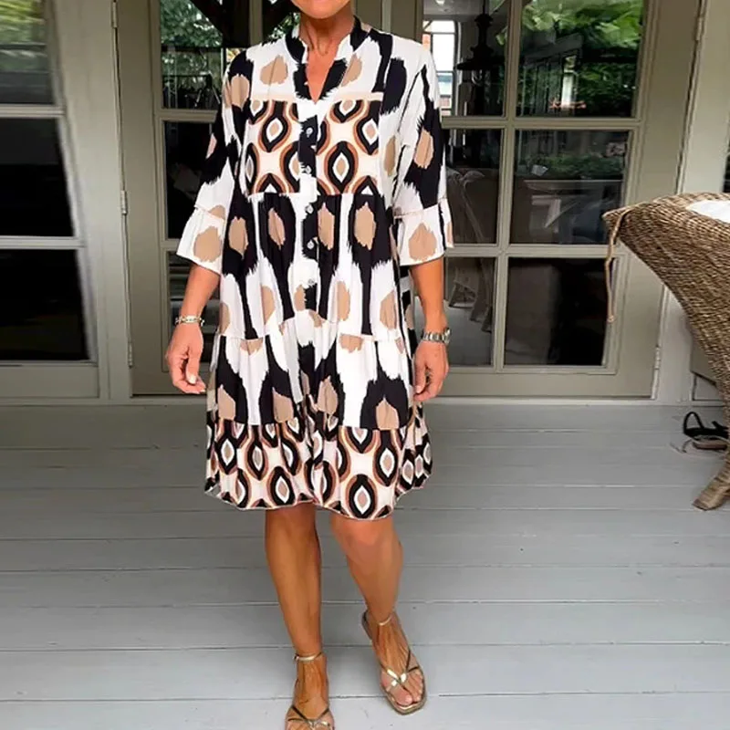 

Women Geometric Print Fashion Shirt Dress Casual Stand Collar Button Loose Mini Dress Female Vintage Flare Sleeve A-Line Dresses