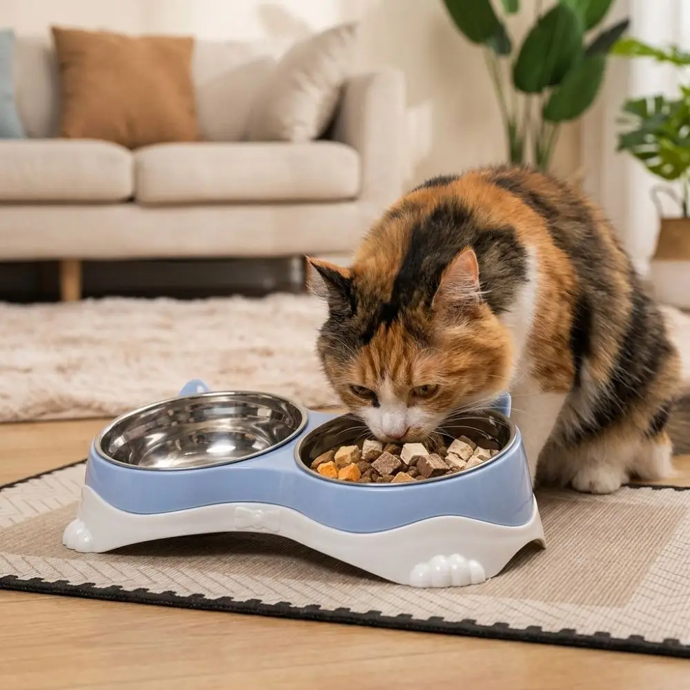 Фото Повышенная защита шеи, двойная миска для питомцев с ушками кошки, защита от проливов, нескользящая миска для кормления питомцев, большая вместимость, защита от опрокидывания. №1