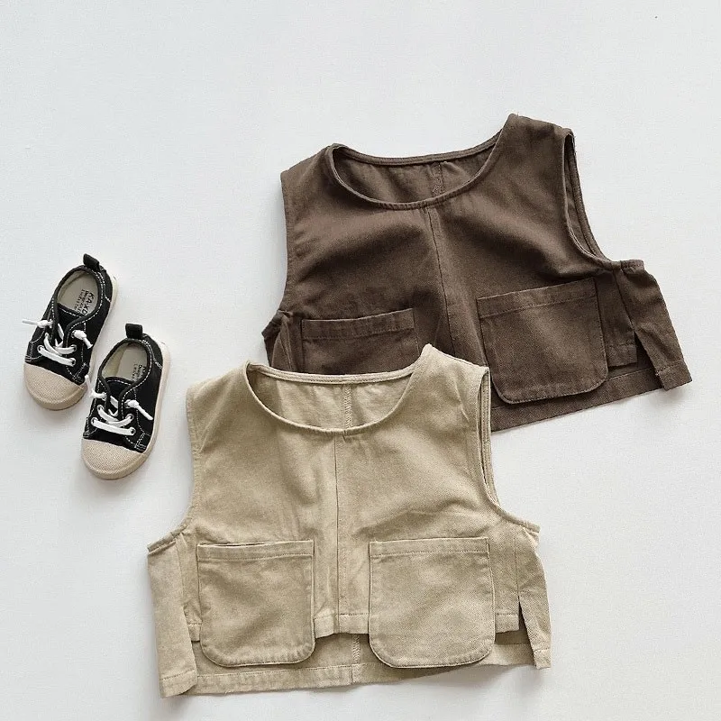 

Cotton New Sleeveless Fashion Vests Boys Waistcoats Spring Cool Girls Jacket Boutique Personality Vintage Vest Children 2023