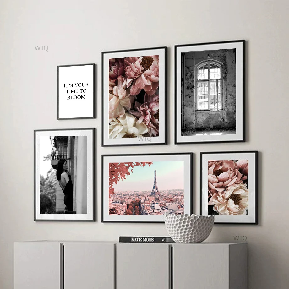 

Плакаты и принты с изображением женской башни Парижа и цветов в скандинавском стиле, настенная живопись на холсте, настенные картины для де...