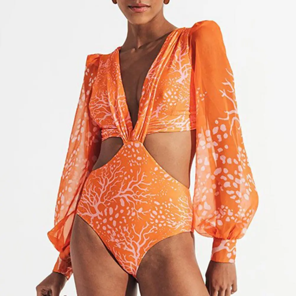 

One Piece Swimsuit 2022 Long Sleeve Swimwear Women Hollow Out Print Monokini Sexy Black Bathing Suit String Backless Beachwear H