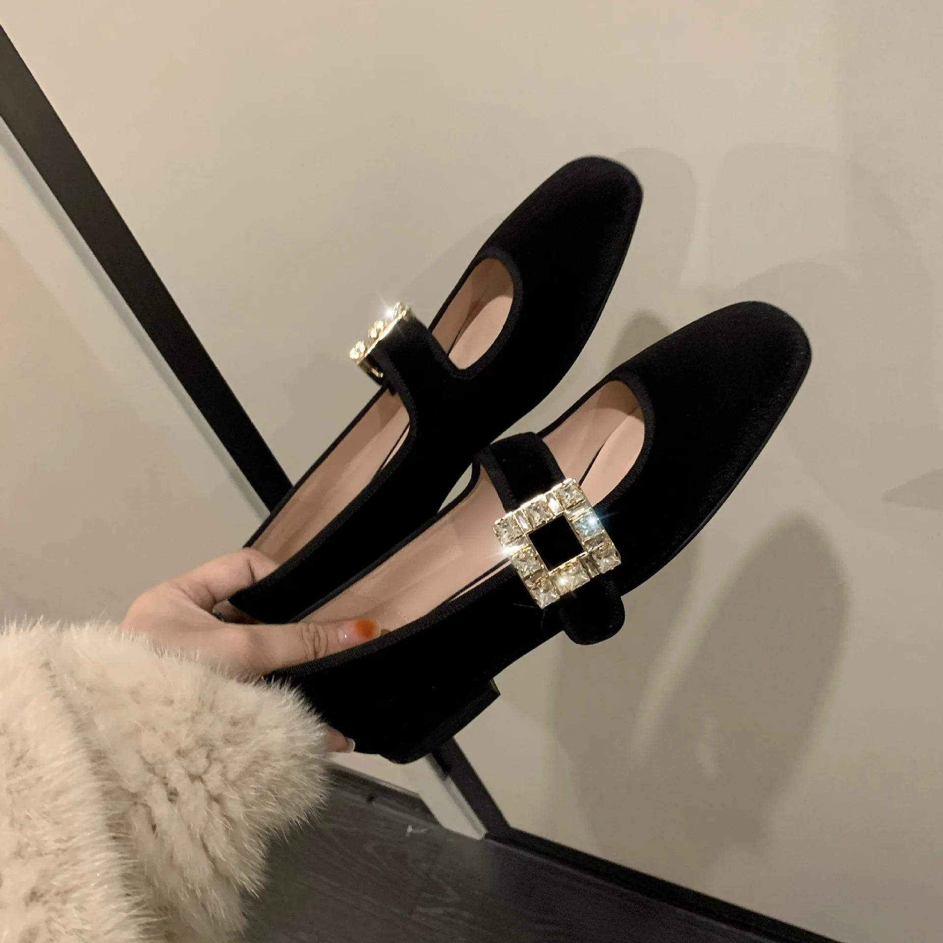 Female Mary Jane Shoes Women Flat  PU Solid Color Elastic Band Square Low Cut Non Slip  Sports   for