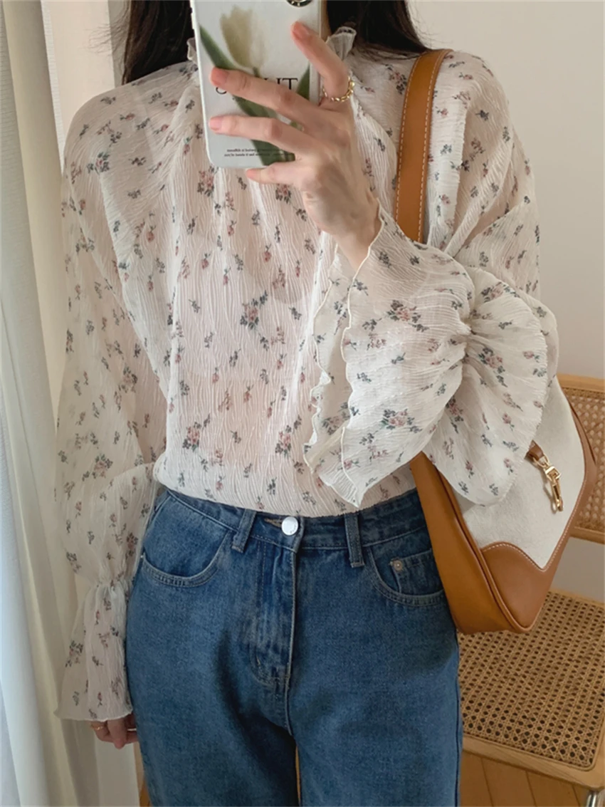 

Alien Kitty 2022 Hot Gentle Women Printed Blouses Sexy Light Full Sleeves Florals Streetwear Retro New OL Chic Elegant Tops